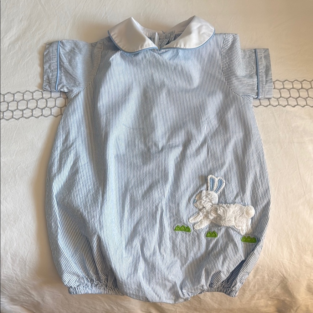 Blue Striped Baby Romper with Bunny Design